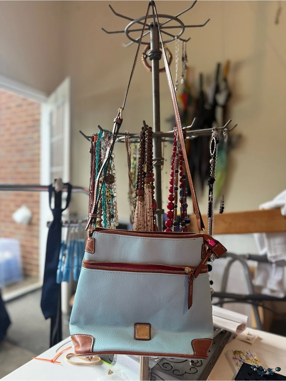 FAUX D&B Light Blue Pebbled Leather Crossbody with Tan Trim